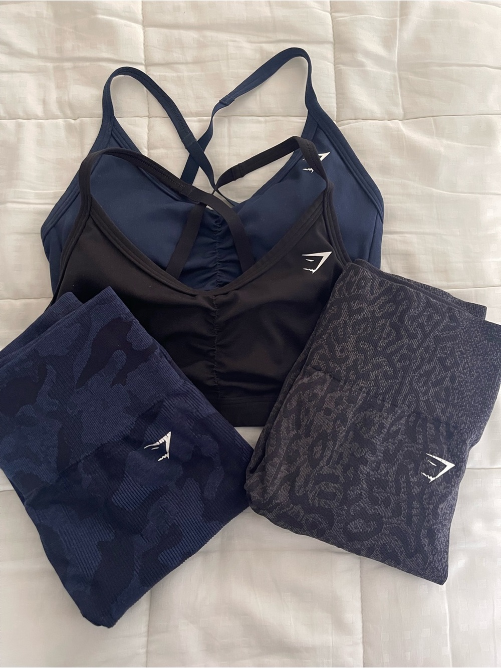 Gymshark Navy & Black Sports Bra Set with Patterned Leggings
